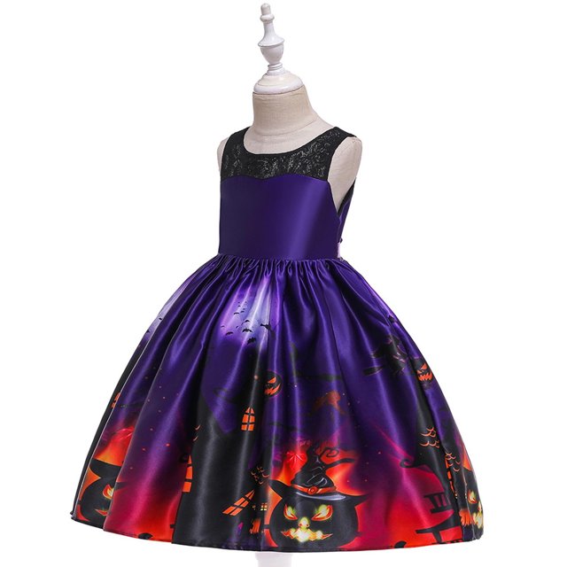 LOVZFMLL Robe pour Enfants Sans Manches Col Rond Imprimé Citrouille Halloween Robe de Jeu de Rôle Robe Décontractée Sans Manches Col Rond