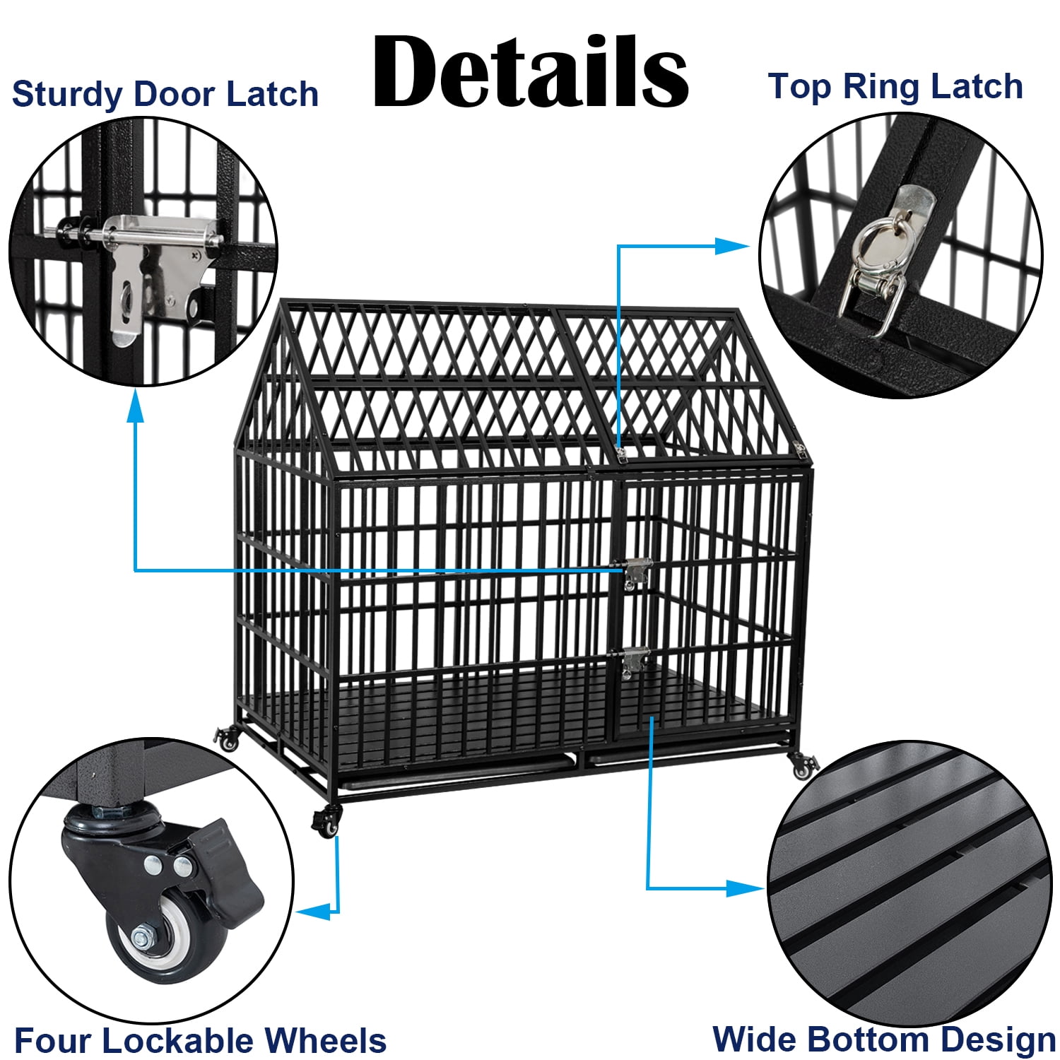 Ufyerutg 50'' Indestructible Heavy Duty Dog Crate, Escape Proof Strong Steel Impact Pet Cage for Large Giant Dogs, High Anxiety Sound Proof Chewproof Kennel Double Door with Trays and Wheels
