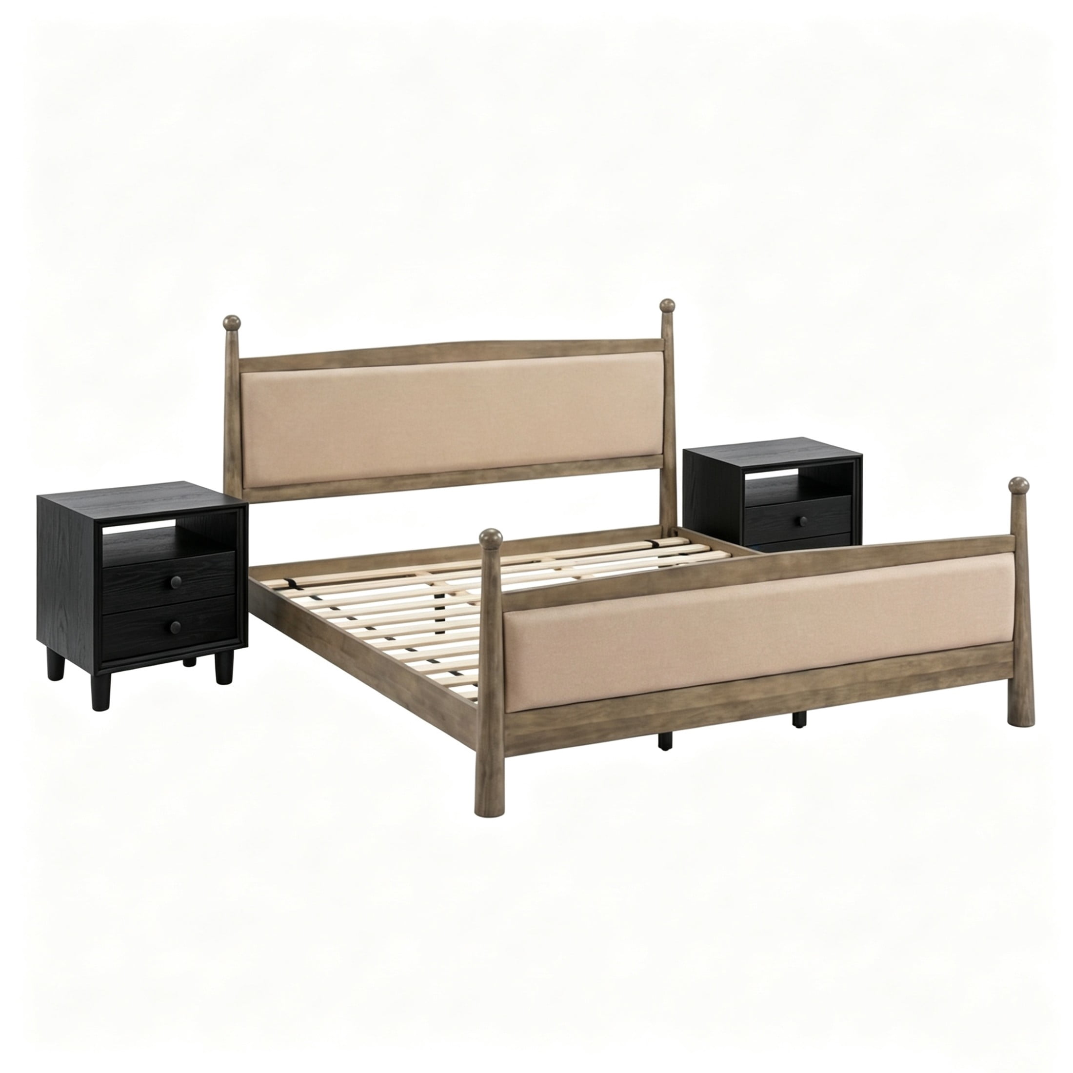 Christopher Knight Home King Bedroom Furniture Set with Upholstered Bed and 2 Nightstands, Natural+Black