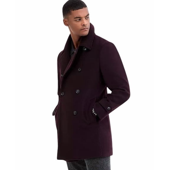 Tommy Hilfiger Mens Classic-Fit Double Breasted Peacoat Coat 40L Burgundy