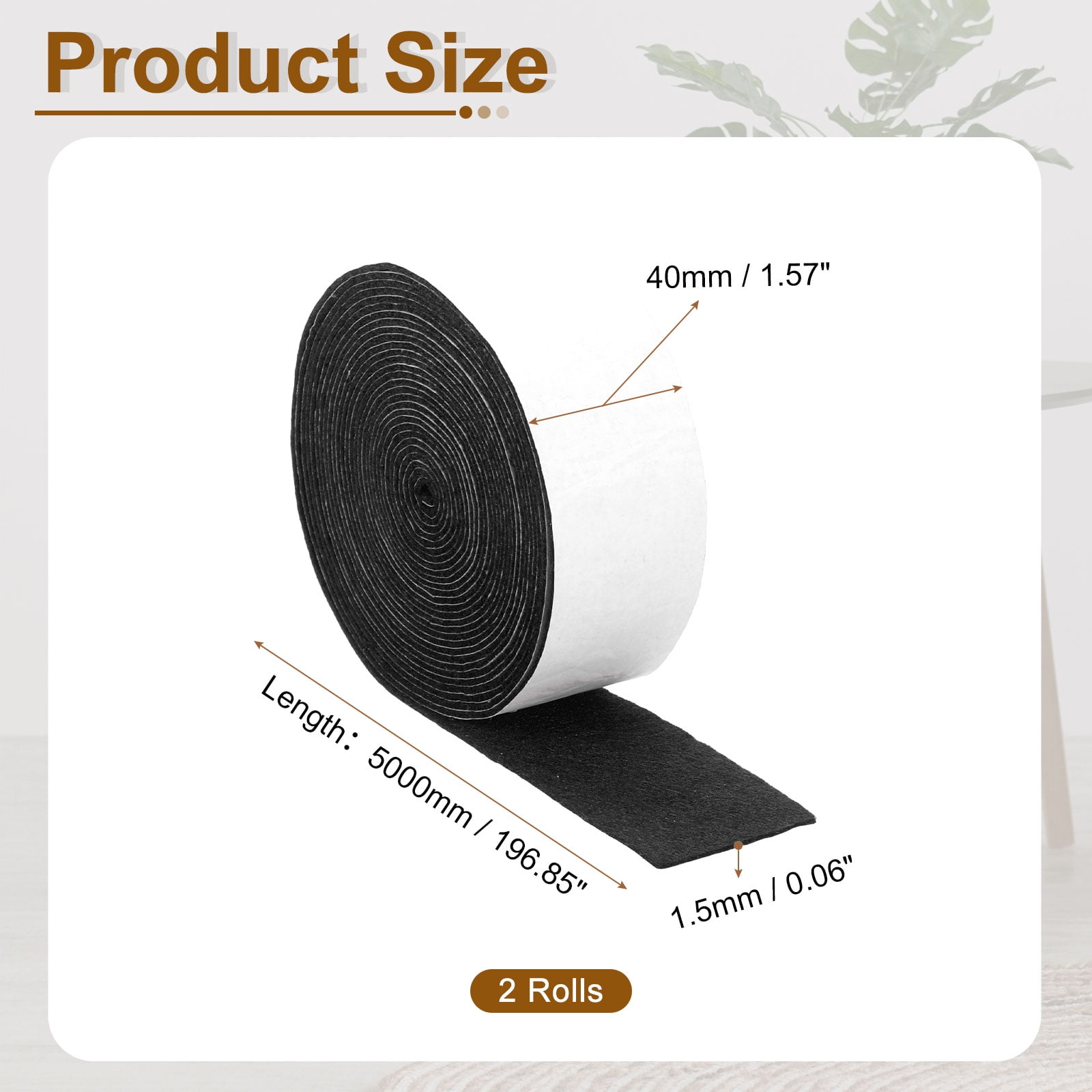 Felt Strips with Adhesive Backing, 2 Pack 1-4/7" x 197" x 0.06" Adhesive Felt Strips Anti Scratch Furniture Felt Tapes Self-Stick Felt Pads for Protecting Hardwood Floor, Black