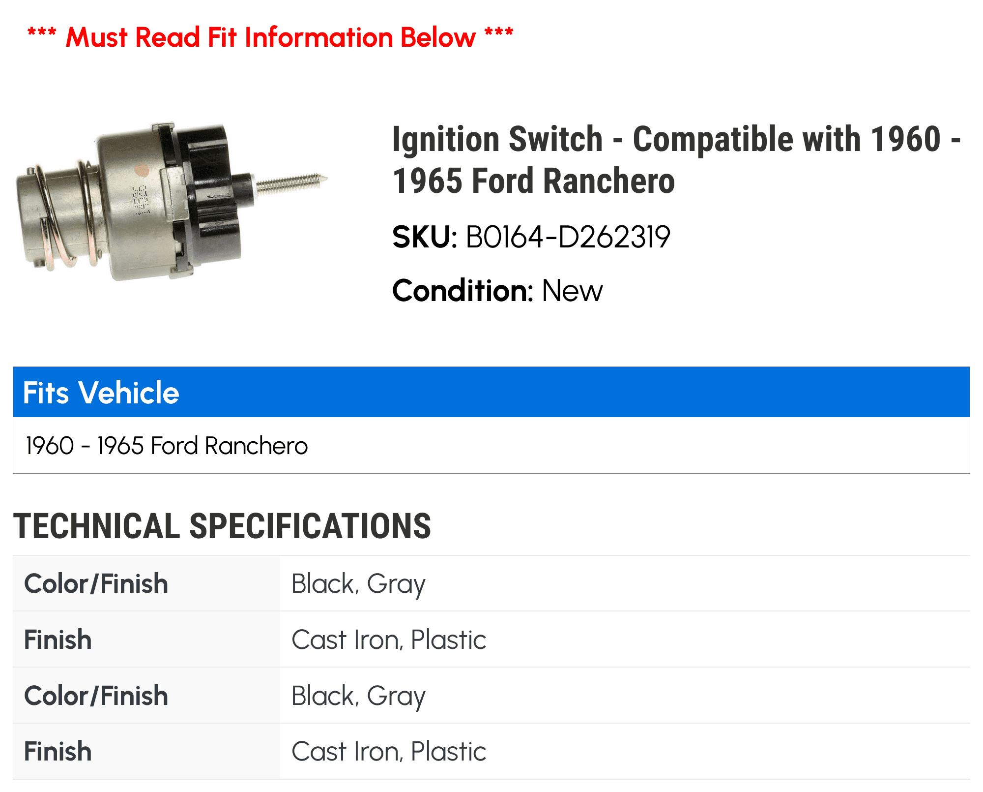 Ignition Switch - Compatible with 1960 - 1965 Ford Ranchero 1961 1962 1963 1964