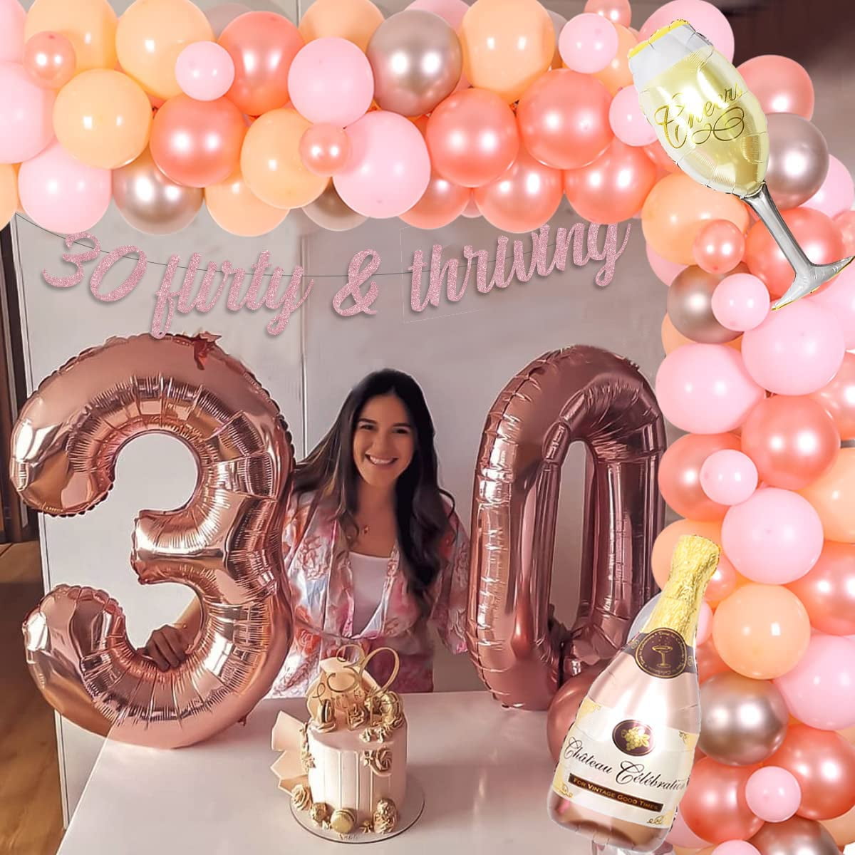 Rose Gold Thirty & Fabulous Happy 30th Birthday Banner Garland Foil Balloon  30 for Womens 30th Birthday Decorations Hanging 30 and Fabulous Cheers to