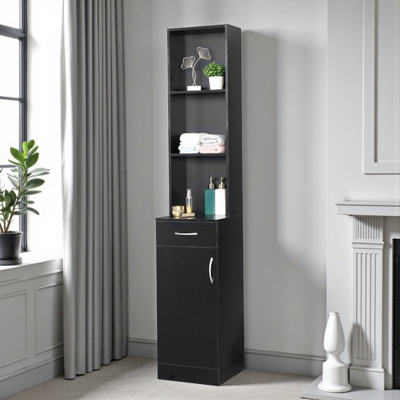 Tcbosik 70" Tall Bathroom Cabinet with 1 Drawer & 1 Door, Narrow Storage Organizer for Towels and Toiletries, Freestanding Floor Cabinet with 3 Open Compartments, Black