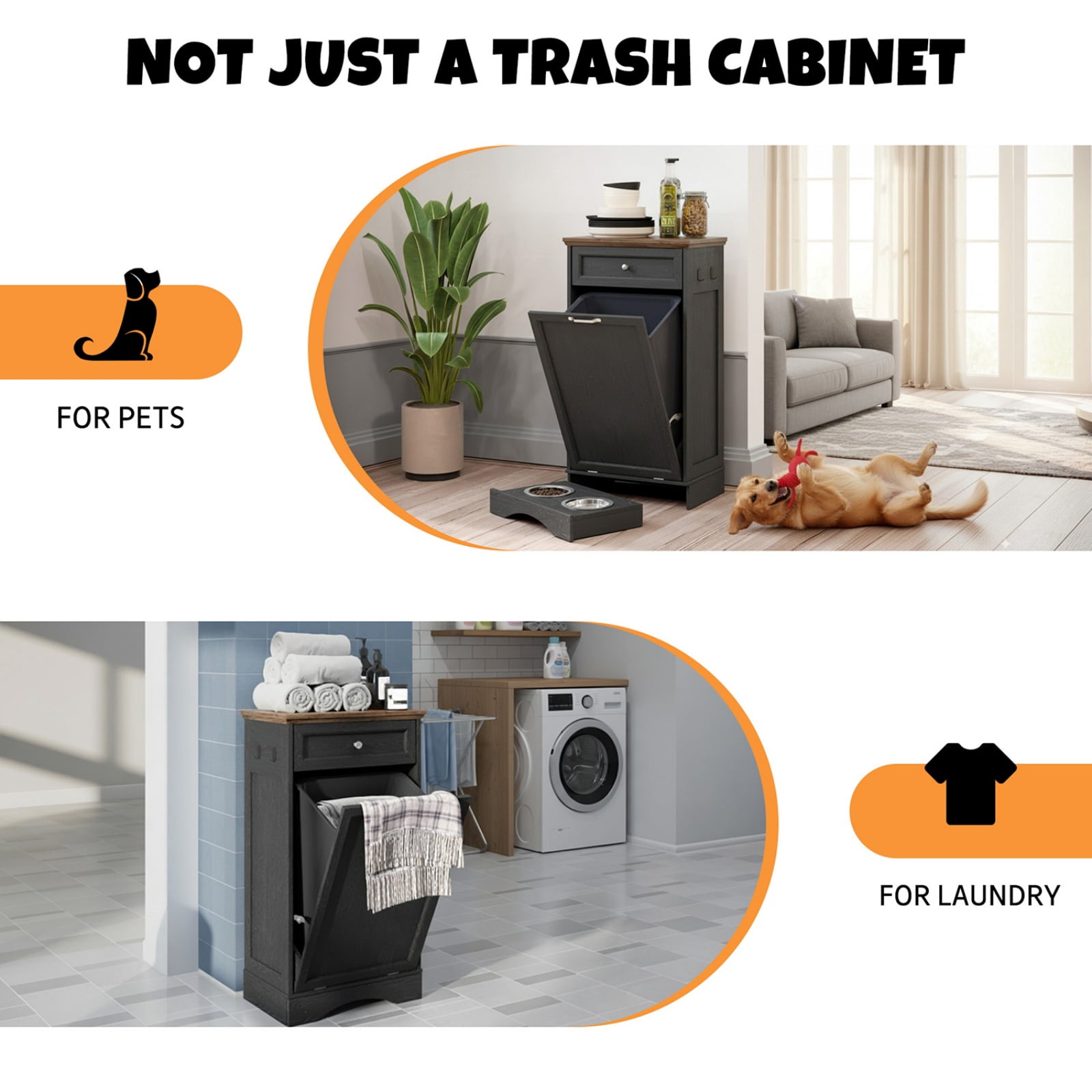 Tilt Out Trash Can Cabinet with Dog Bowl, 10 Gallons Dog Feeding Station with Storage, Dog Food Cabinet with Hideaway Drawer for Kitchen, Living Room,Laundry Room