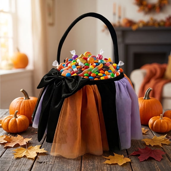 Halloween Basket Mesh Candy Bag 7.9x7.5x7.9in with Bow for Trick or Treat Party Spooky Props Storage Decor by OVFUIZ
