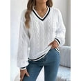 thumbnail image 4 of Women'S Casual V Neck Long Sleeve Sweater Trendy Striped Pullover Cable Knit Preppy Sweaters White M, 4 of 8