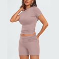thumbnail image 4 of Scyoekwg Womens Lounge Sets 2 Piece Outfits Casual Solid Color Short Sleevele Round-Neck Tops Shorts Running Gym Sprots Sets (Pink,S), 4 of 7