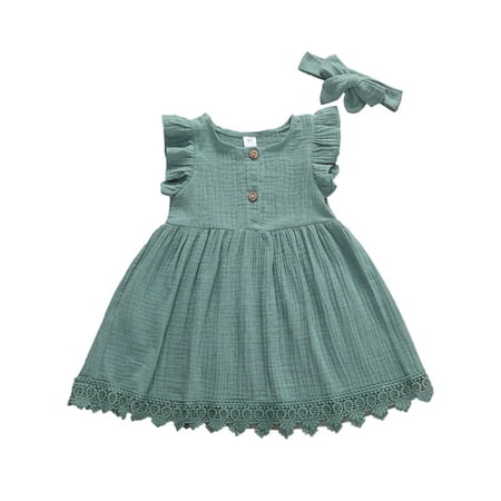 

2 Piece Toddler Baby Girl Dresses with Headband Sets Ruffle Sleeveless Solid Dress Lace Hem Dress and Headband Outfits