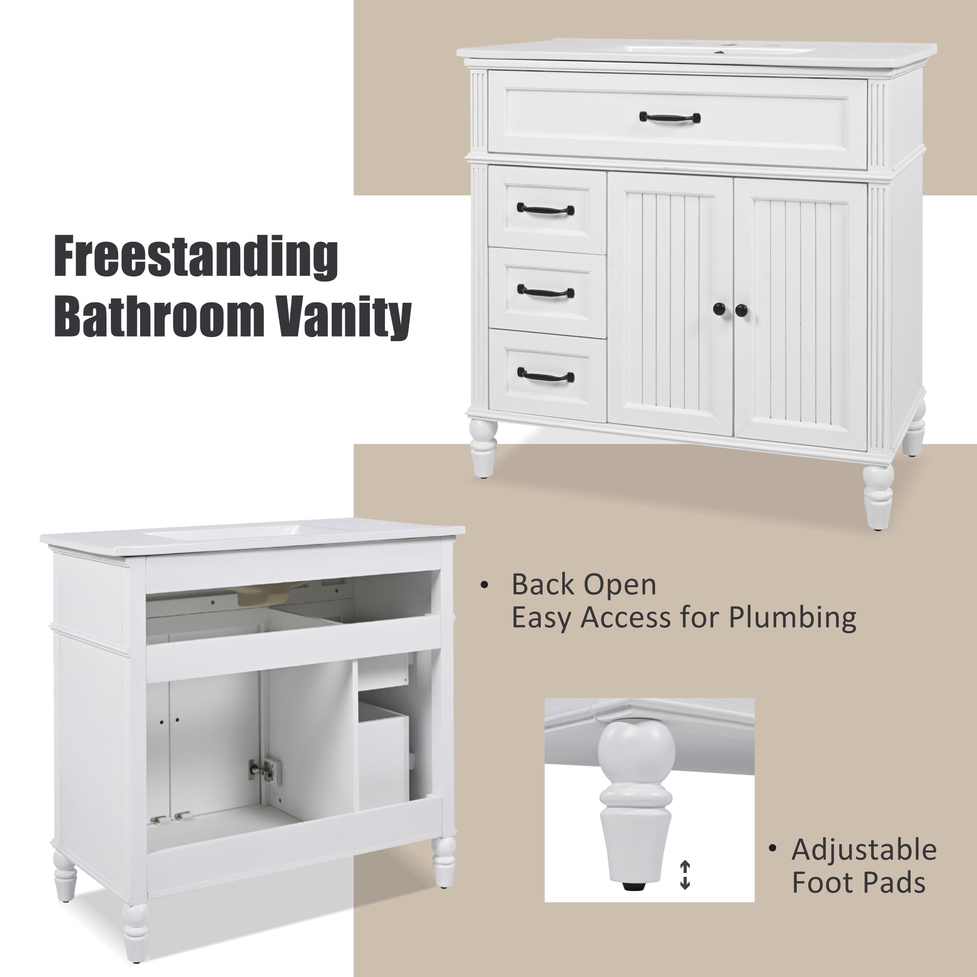 Harper & Bright Designs 36" Bathroom Vanity Sink Combo, Bathroom storage Cabinet with Drawers, Single Sink Bathroom Vanity, White