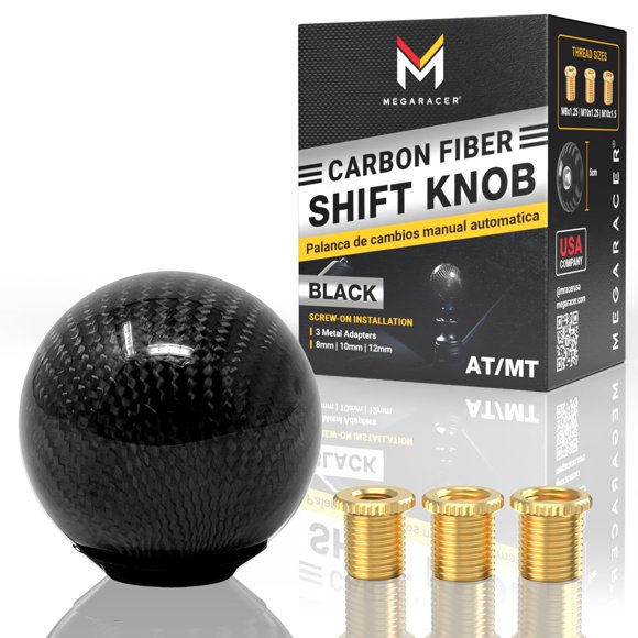 Mega Racer Pomo de palanca de cambios de fibra de carbono negro – Palanca de cambios de bola redonda para vehículos de transmisión automática sin botones y manual de 4, 5 y 6 velocidades, adaptadores