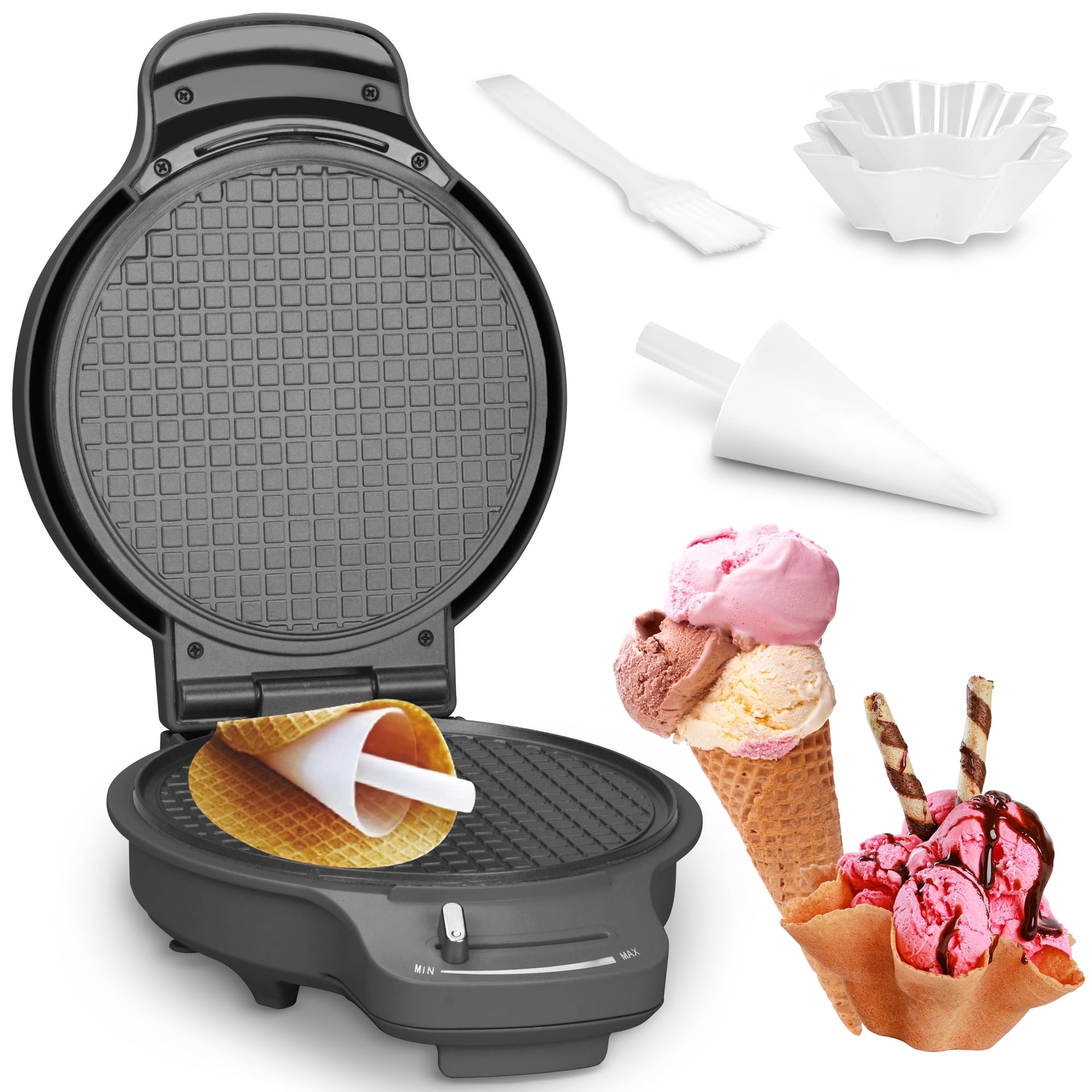 Mailand Waffle Cone Maker Machine, Ice Cream Cone Maker, Browning Control, Cone Roller & Bowl Press Included, Graphite