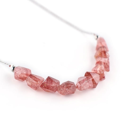 Natural Pink Strawberry Quartz Gemstone Beads Dainty Handmade Bar Necklace Jewelry for Women, Birthstone Crystals and Healing Stones, Rhodium Plated 925 Sterling Silver Chain, Birthday Gift for Her