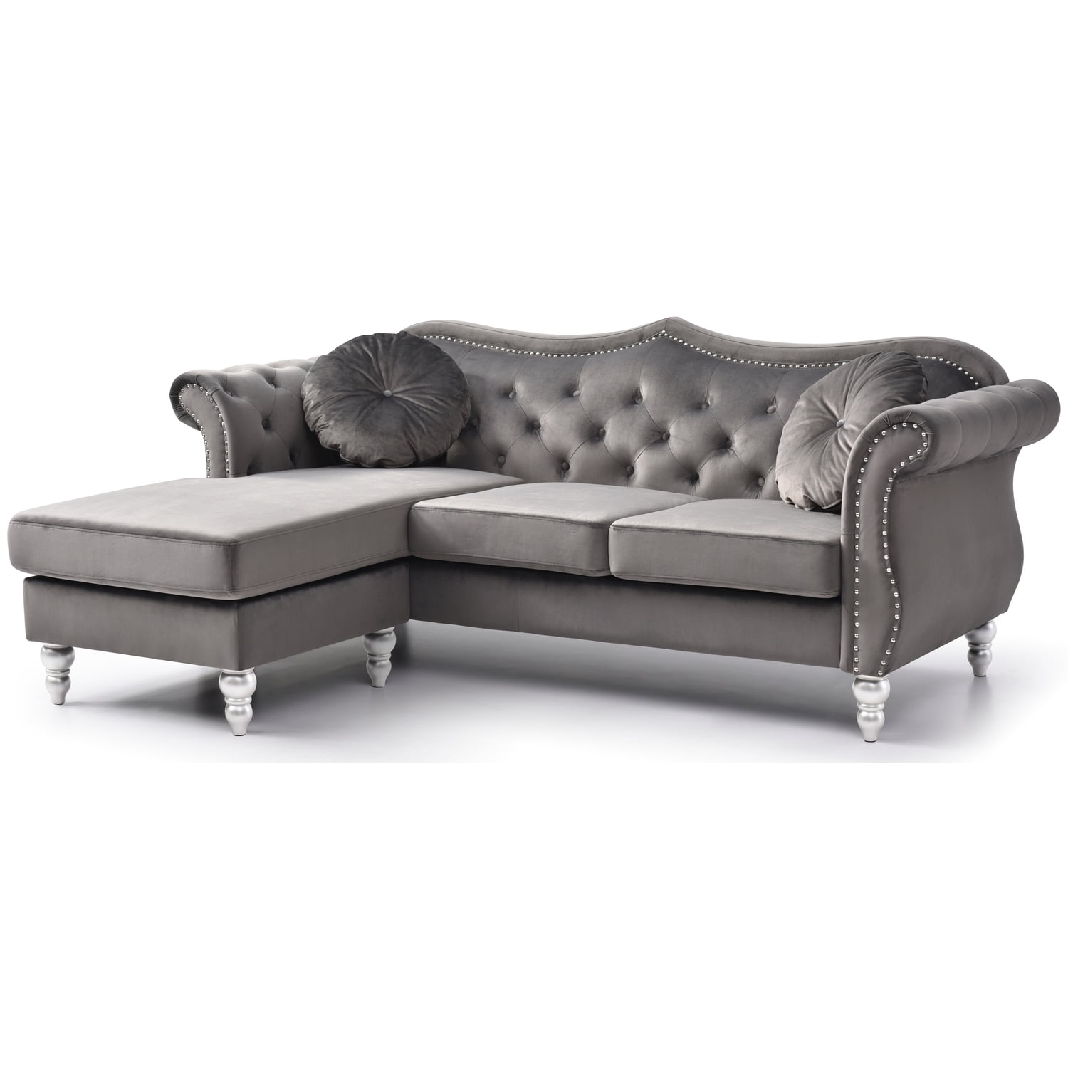 Glory Furniture Hollywood Velvet Sofa Chaise in Dark Gray