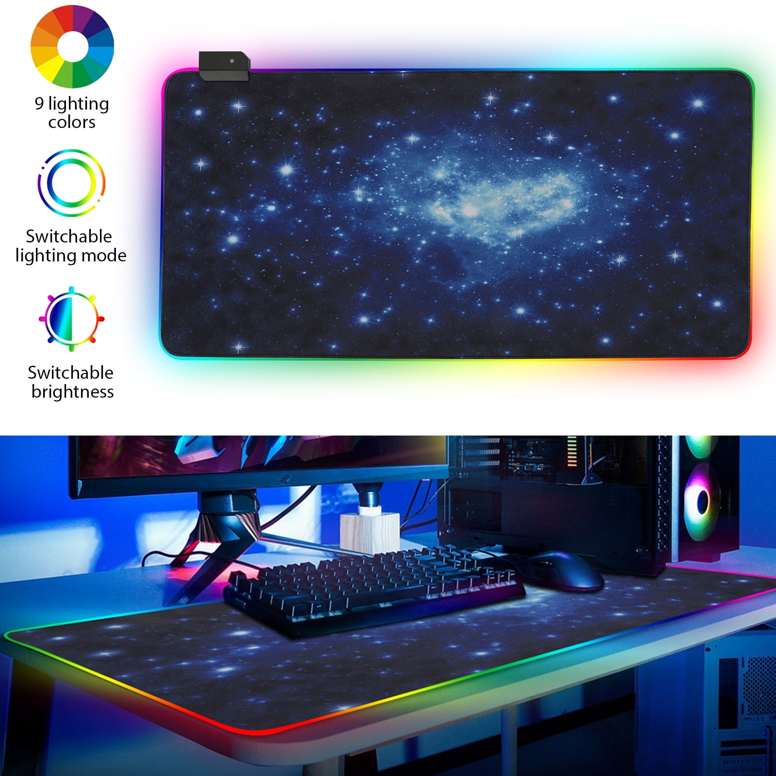 RGB Mousepad Large Extended Led Mousepad with 14 Lighting Modes 31.5x11.8 Non-Slip & Waterproof Rubber Base Computer Keyboard Pad Mat 