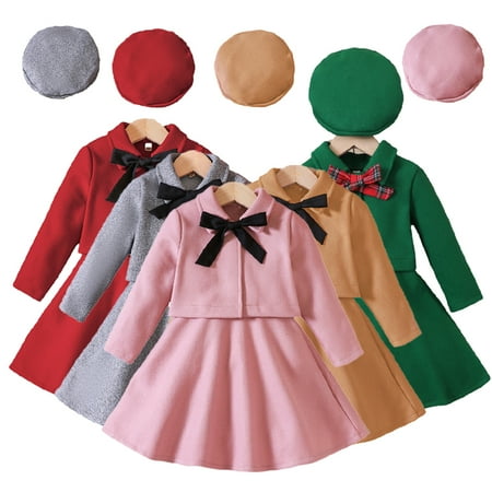 

Esaierr 2-7T Girls Suspender Dress 3 Piece Outfits Tweed Bowknot Jacket and Undershirt Dress with Hat Set Autumn Winter for Kids Toddler