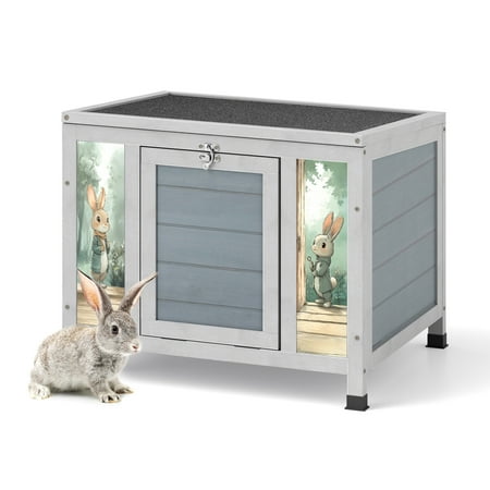 Witaxima Small Animal Wooden Hutch with Colorful Patterns, 23.6x18.6x19.5in Outdoor Bunny House with Lockable Door, Gray