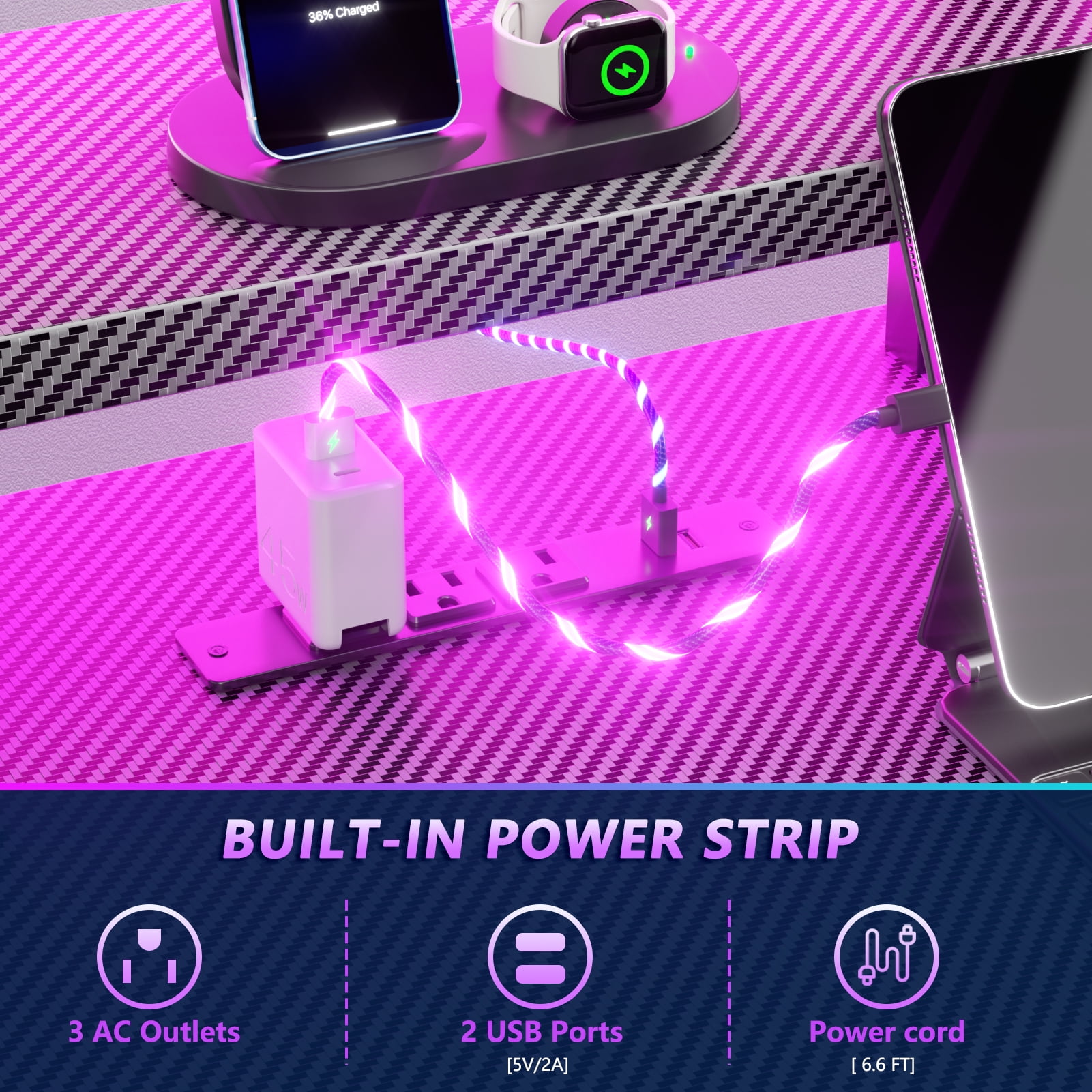 Satifur 55" Carbon Fiber Gaming Desk L-Shaped Computer Desk, RGB Lights & Power Outlets, Black