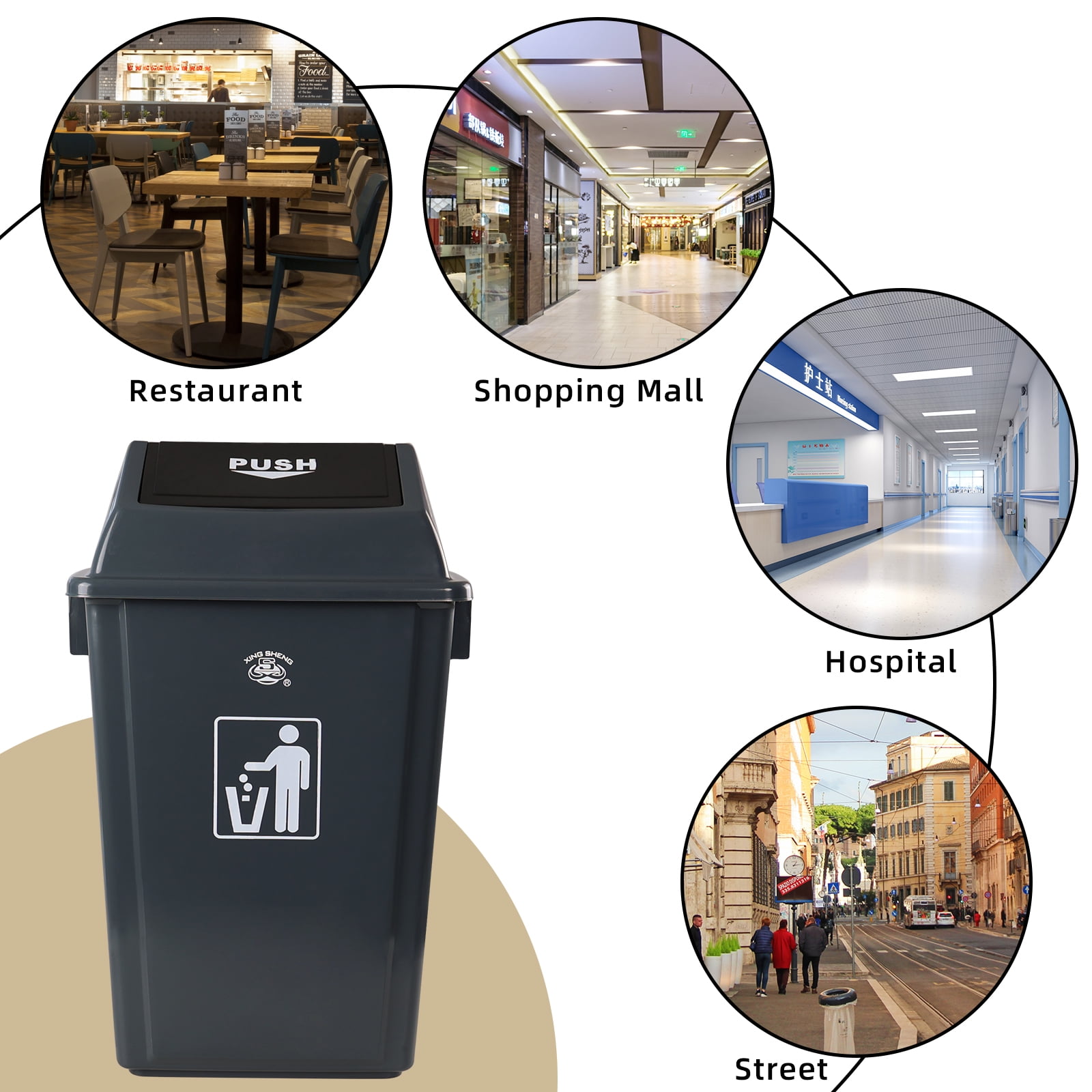 Dehouse 15 Gallon Large Plastic Kitchen Trash Can with Swing Lid, 4 Pack Tall Kitchen Garbage Bin with Swing Top, Gray