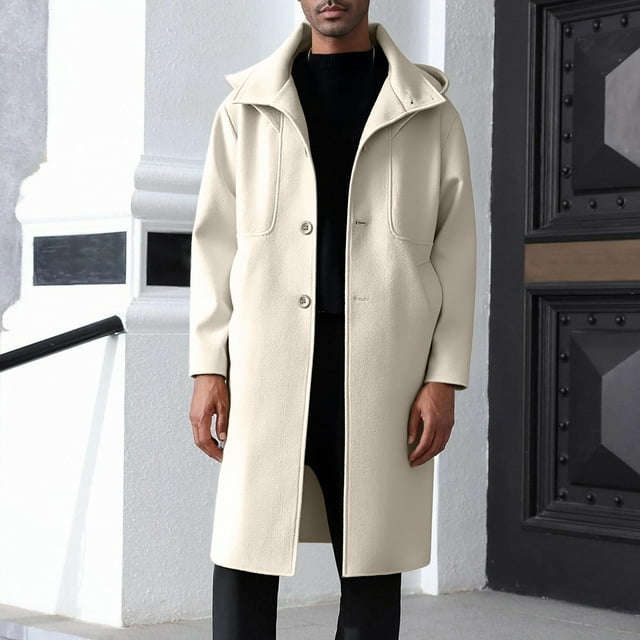 Handshe Men's Casual Trench Coat, Stylish with Button Pockets and Lapel Collar, Solid Color Overcoat for Spring, Fall, and Daily Outdoor Wear