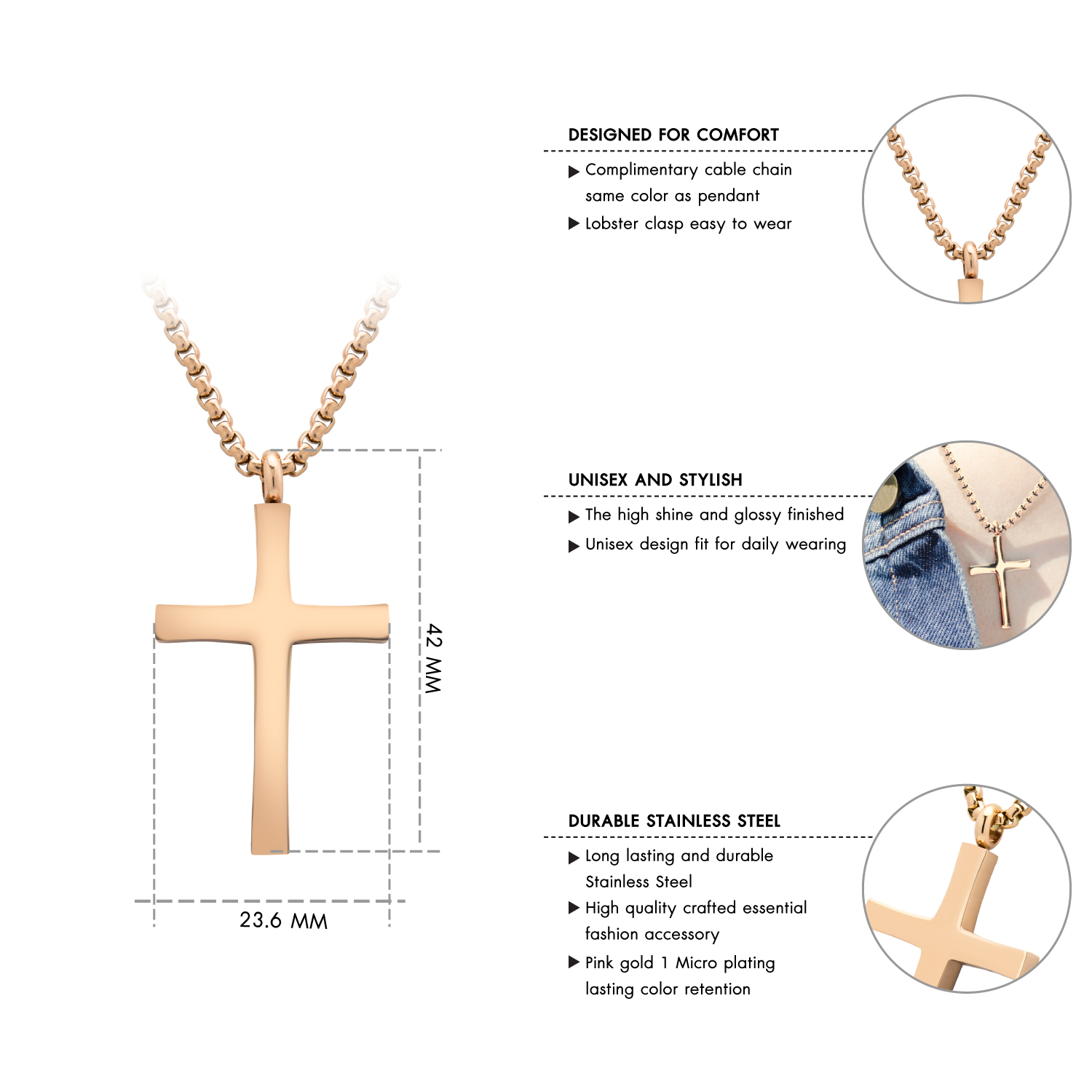 555Jewelery Stainless Steel Metal Cross Unisex Adjustable Rolo Chain Religious Christian Pendant Necklace, Pink Rose Gold 16 inch