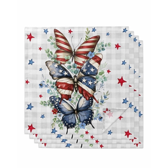 Navy Blue Butterfly 4th of July Cloth Napkins Set of 4 Reusable Dinner Napkins, Independence Day Star Grey Plaid Cocktail Napkin Washable Table Napkins for Wedding/Holiday Party/Baby Shower 20"x20"