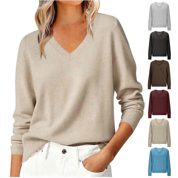 Smsaxvxz Sweaters for Women Fall Fashion V Neck Long Sleeve Soft Loose Knit Winter Pullover Tops Khaki 2XL