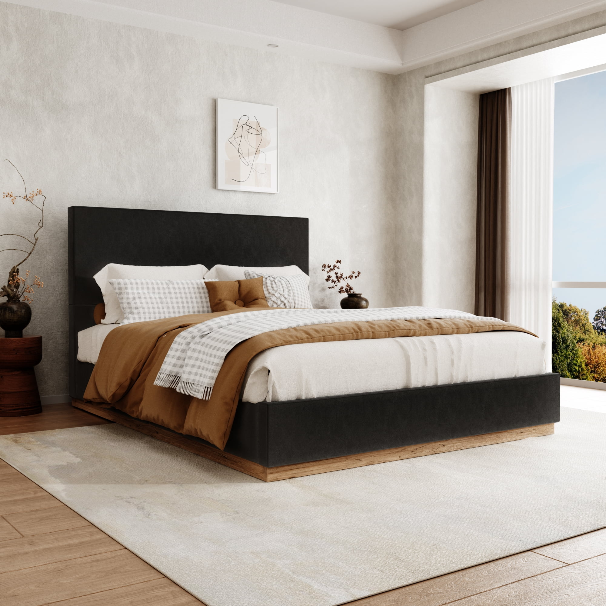 VIPLOV Full Size Bed Headboard with Headboard, Upholstered Bed Frames, Black