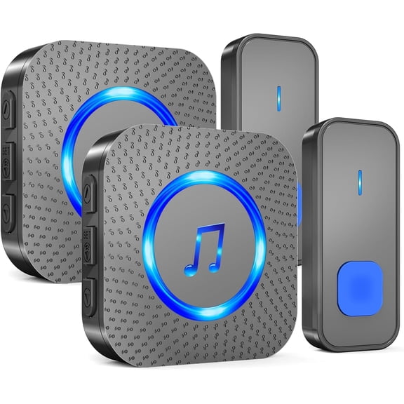 Wireless Doorbell with 2 receivers 2 Buttons,IP55 Waterproof Doorbell,1300 FT/400M Remote Doorbell,55 Chimes 5 Volume,Colorful LED Flashing,110 db Loud Volume,For Home/Classroom