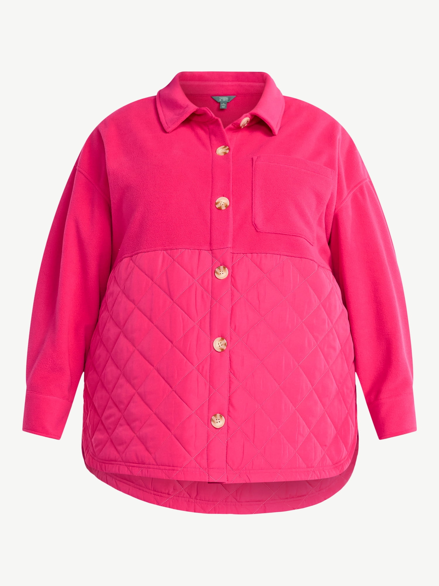 Terra & Sky Women's Plus Size Quilt Mix Button Front Shacket with Long Sleeves, Sizes 1X-5X