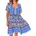 thumbnail image 3 of Women'S V Neck Patchwork Dress Bohemian Print Mini Skirt Summer Casual Beach Chic Blue L, 3 of 8