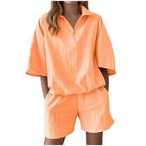 2 Piece Sets for Women Summer Orange Crew Neck Casual Solid Color Short Sleeve Shirt Shorts M