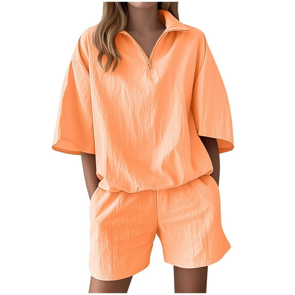 CQONEPT Women's 2 Piece Set 1/4 Zip Short Sleeved Shorts Baggy Dressy Casual Tracksuit Outdoor Shorts With Pockets Orange M