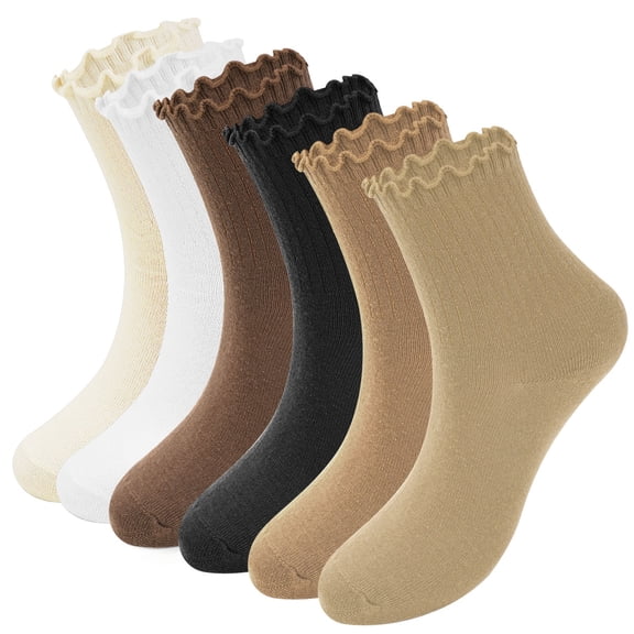 Deago 6 Pairs Women's Ruffle Socks Casual Cute Ankle Socks Breathable Knit Cotton Soft Frilly Crew Socks for Women