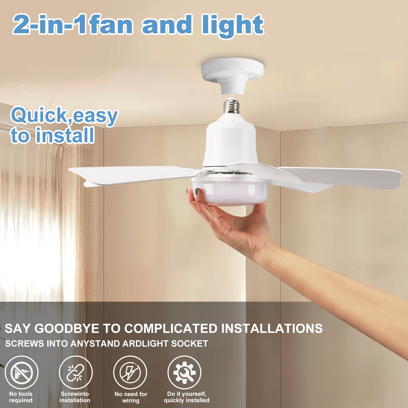 Socket Fan Light with Remote, 20.5in Small Ceiling Fan with 3-Speeds, Dimmable LED, E26/E27 Base, 6 Blades Light Socket Fan for Kitchen Bedroom