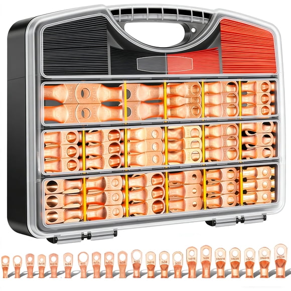 Twidec/230PCS Battery Cable Ends Kit AWG 8 6 4 2 1 1/0 2/0 Heavy Duty Copper Lugs Copper Cable Wire Lugs,Coppers Ring Terminals Connectors with Heat