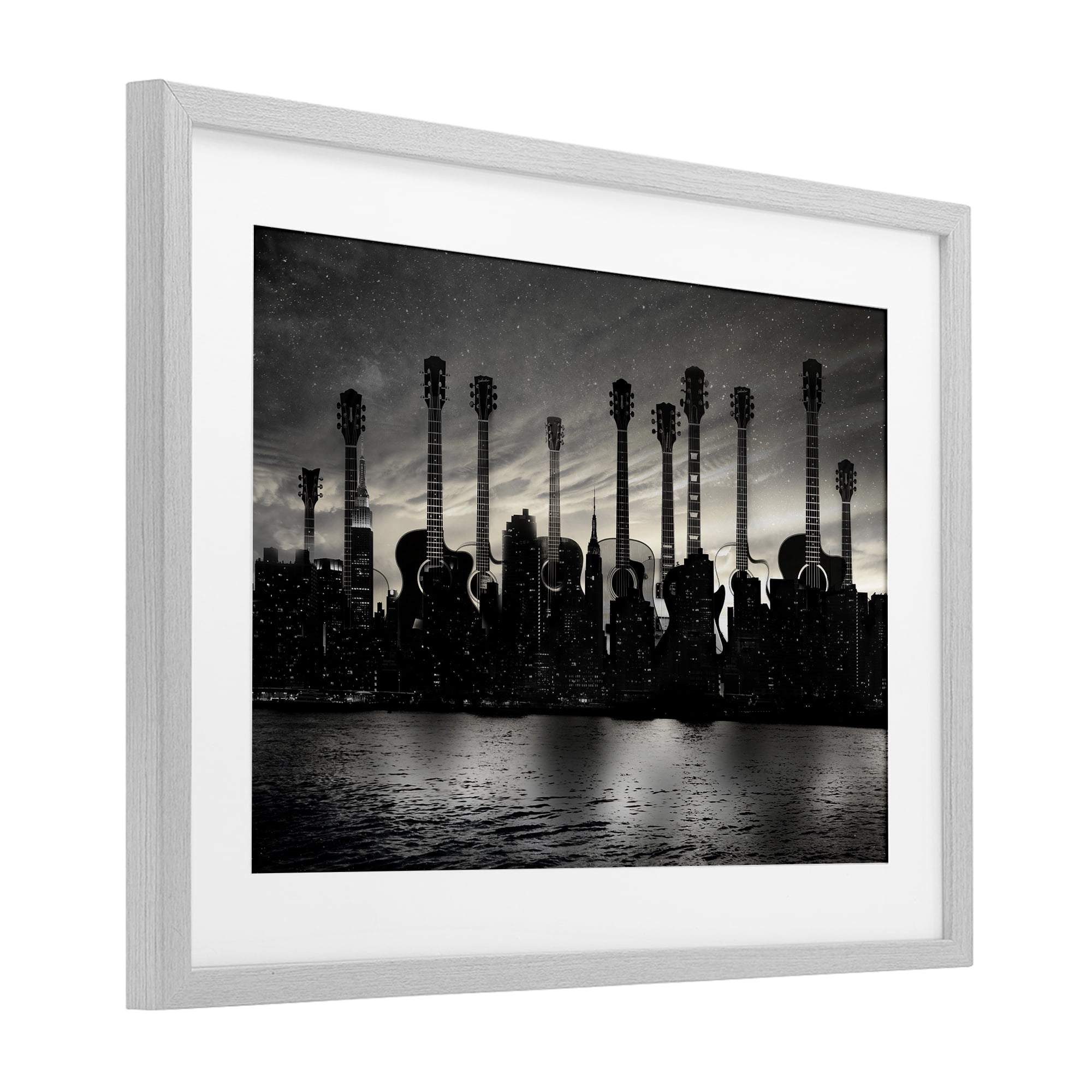 Stupell Industries Guitar Skyline Cityscape Gray Framed Print Under Glass, design by CAD Designs