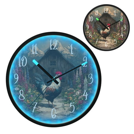 Voice Controlled Luminous Clock LED Night Light 12 Inch Silent Wall Clock Suitable for Bedroom and Living Room Home Decoration Big Rooster Beautiful