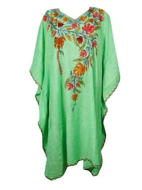 Mogul Women Floral Short Caftan Embellished Bikini Cover Up Resort Style Sleepwear Tunic Dress Kaftan One Size