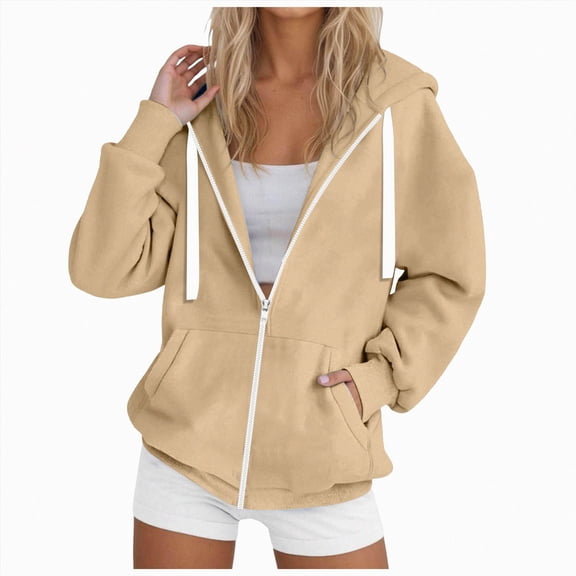 KPOPLK Sweatshirt Jackets for Women Full Zip up Hoodies Long Sleeve Hooded Coat with Pockets(XL,White)