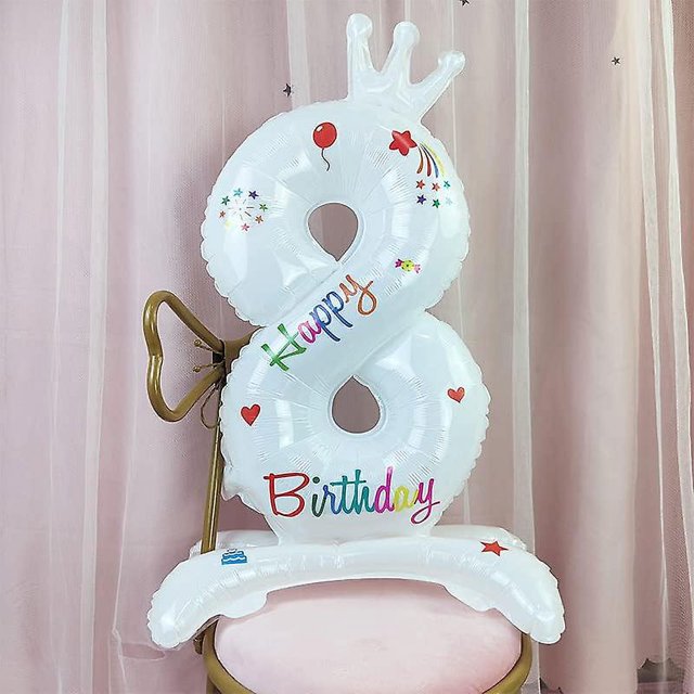 Globo digital con corona blanca de pie de 32 pulgadas, pequeño globo de membrana de aluminio fresco, decoración de fiesta de cumpleaños para niños, fiesta de cumpleaños con esc