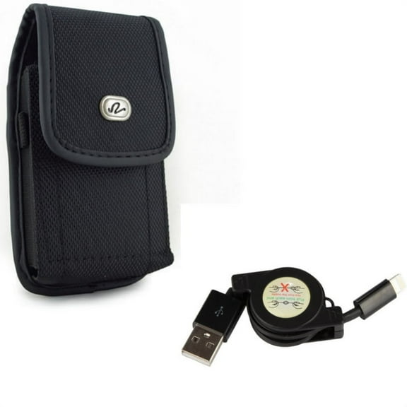 Retractable USB Cable w Rugged Case Belt Clip for iPhone XS Max/8 PLUS/7 Plus/6S Plus/6 Plus - Charger Power Cord Sync Wire and Holster Canvas Cover Pouch Carry