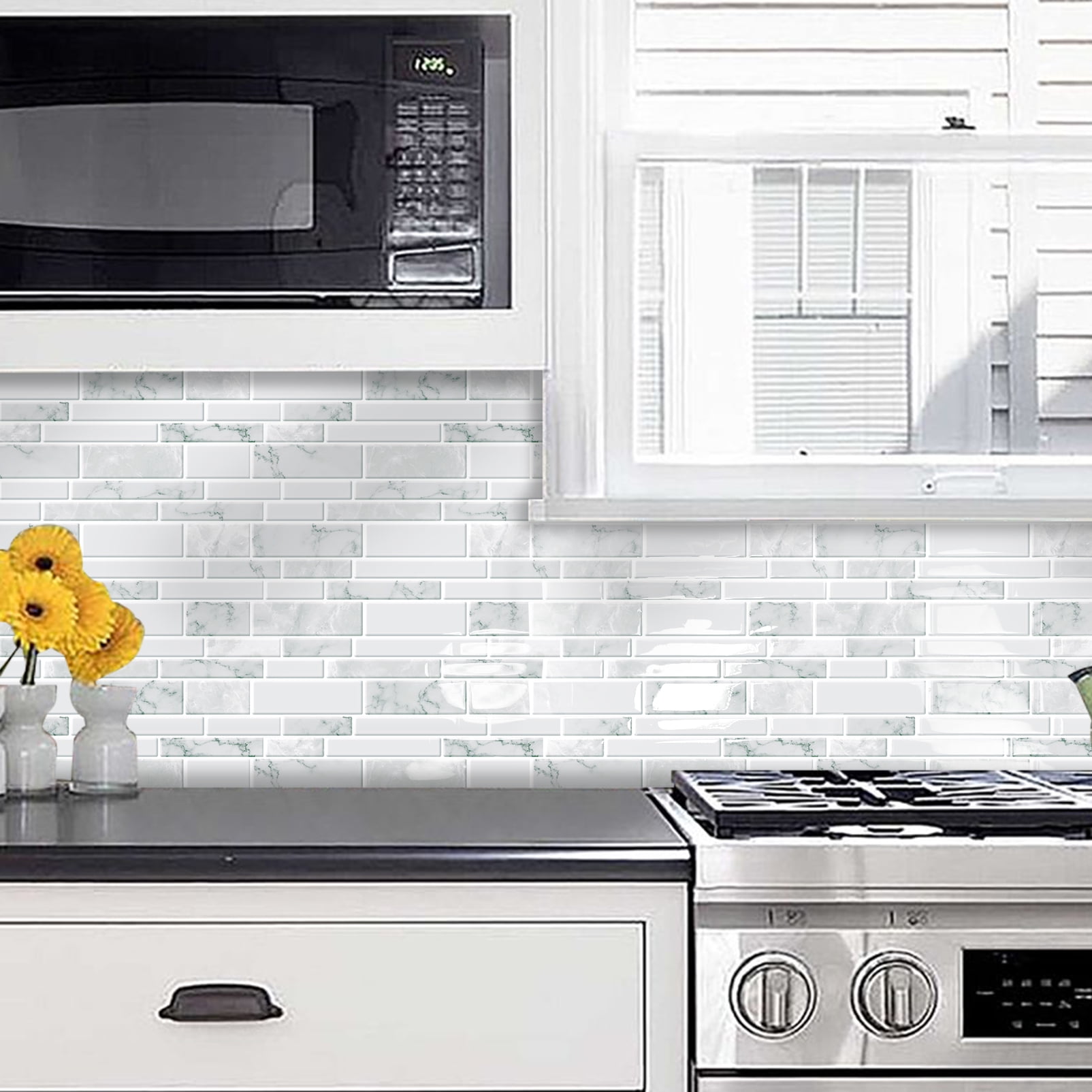 DEWOO 10 Sheets Peel and Stick Tile Backsplash, Stick on Wall Tiles, Self Adhesive Tile Sticker for Kitchen Backsplash and Bathroom(12"x12",White Marble)