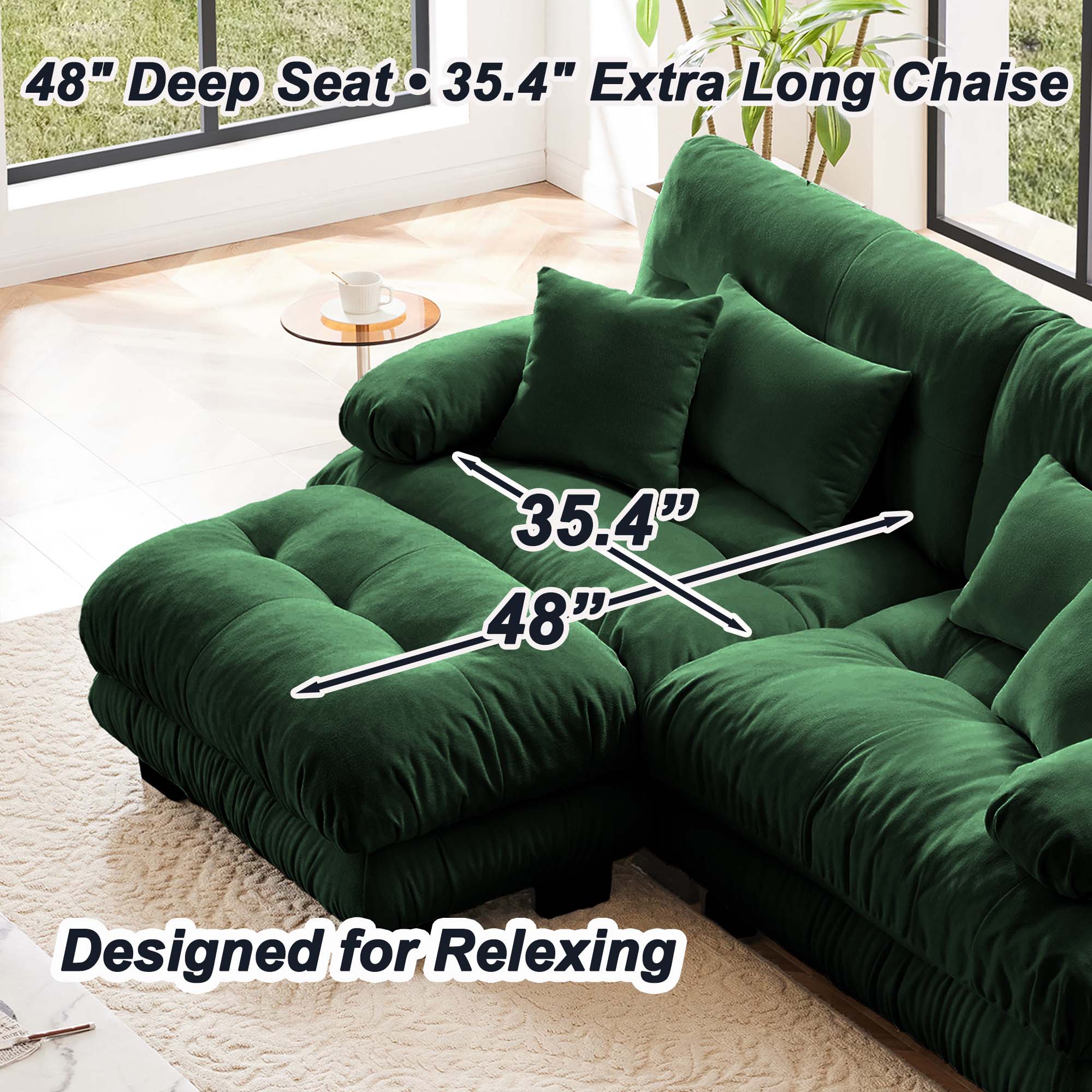 133.8"Cloud Chenille 3-Seat Sofa with 2 Moveable Ottomans, Oversized Deep Seat Modular Lounge Couch,Green