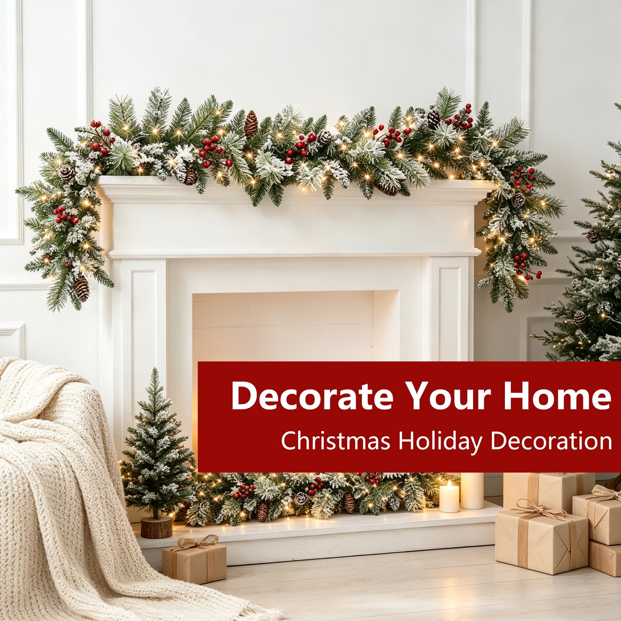 Abble 108" Artificial Christmas Garland, Pre‑Strung Warm‑White LED Lights for Indoor & Outdoor Mantel Stairway Decoration
