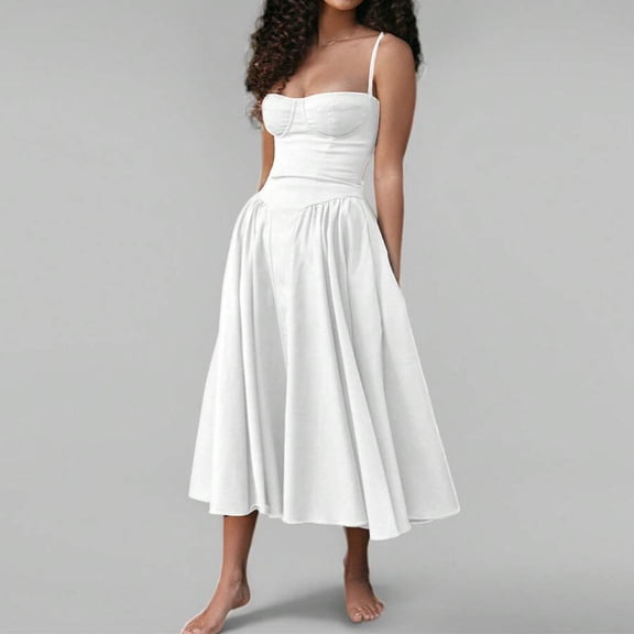 White Womens Spaghetti Strap Sweetheart Neckline Cinched Waist A-Line Midi Dress