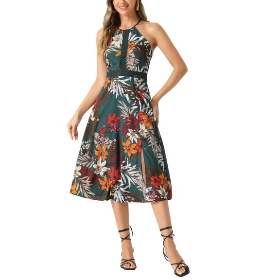 INSPIRE CHIC Boho Floral for Women's Split Sleeveless Halter Neck Midi Dresses XS Green