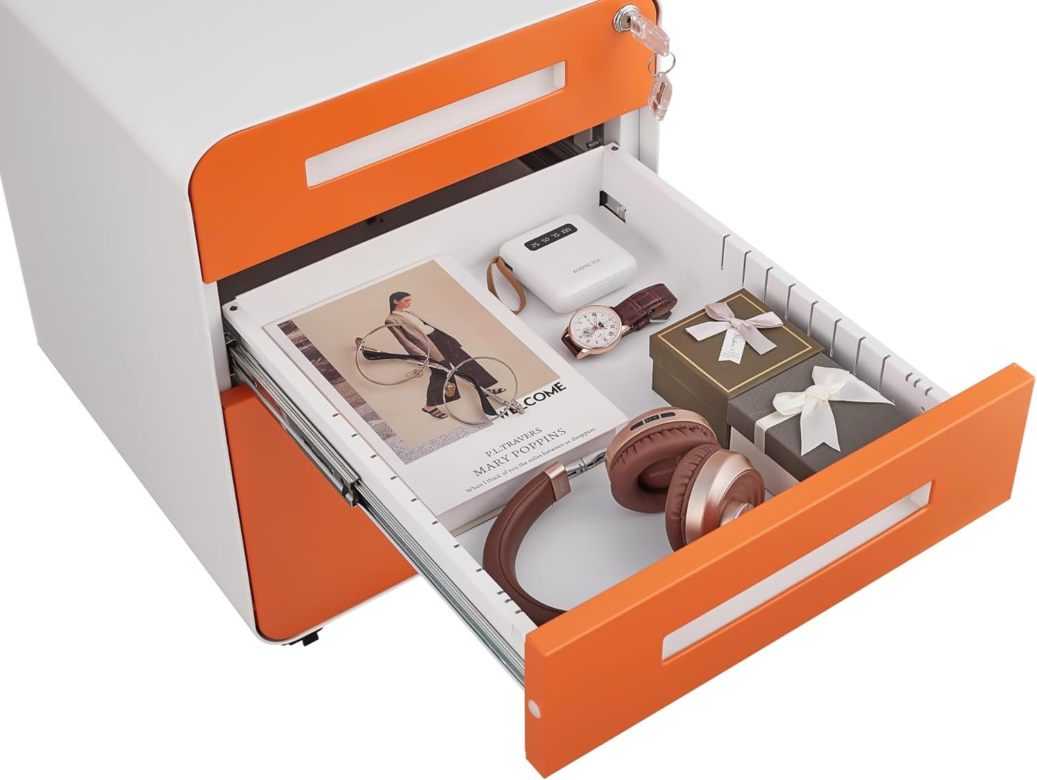 3-Drawer Mobile File Cabinet with Lock, Under-Desk Steel Rolling Cabinet for A4, Letter & Legal Files, 5-Wheel Anti-Tilt, Fully Assembled, Home Office, Orange