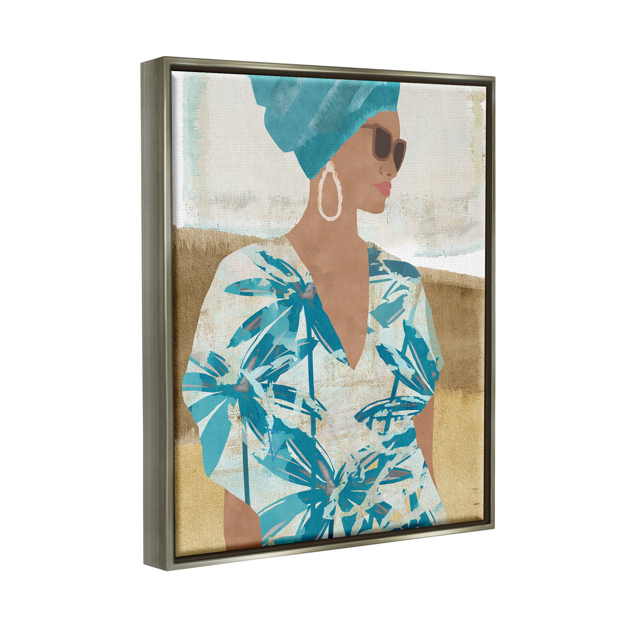 Stupell Boho Girl Portrait Collage Botanical & Floral Painting Gray Floater Framed Art Print Wall Art