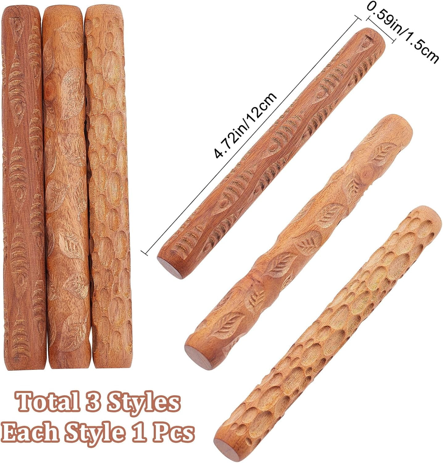3Pcs 3 Style Wooden Handle Clay Texture Roller Pottery Tools Stone/Leaf/Fish Pattern Mixed Patterns 12x1.5cm 1pc/style Material Wood